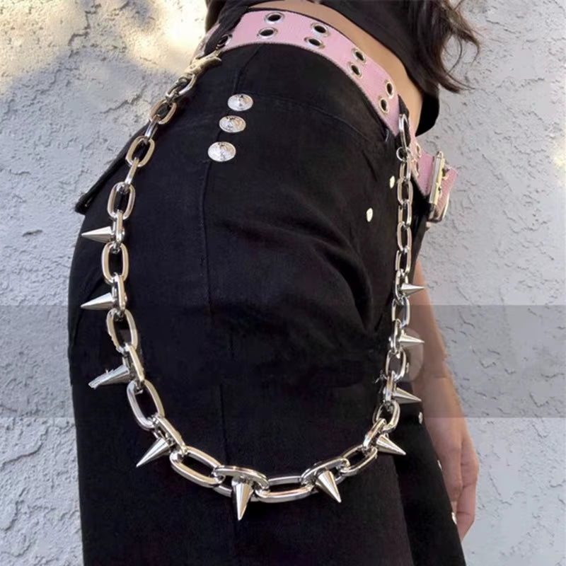 Trendy Punk Hip-Hop Leather Belt Waist Chain for Men and Women Silver Metal Pants Chain Accessory for Jeans