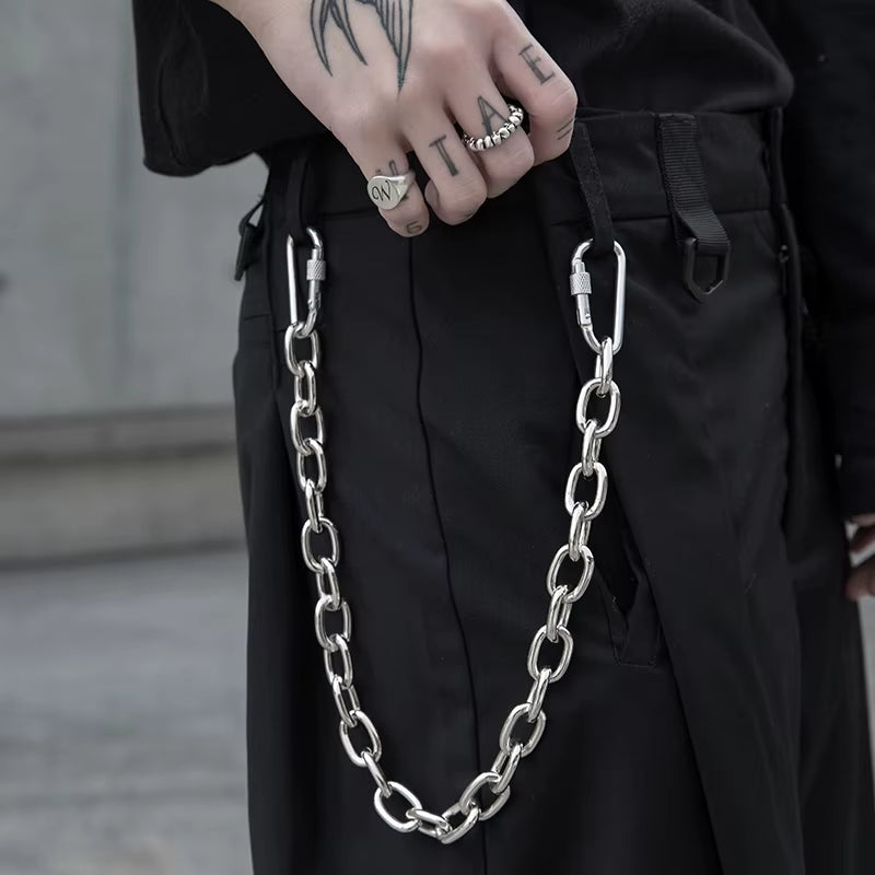 Trendy Punk Hip-Hop Leather Belt Waist Chain for Men and Women Silver Metal Pants Chain Accessory for Jeans